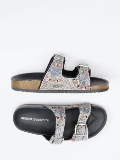 Damen Andrea Puccini – Pantoletten aus Metallicleder Schwarz