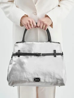 – Shopper Bag aus Leinen-Kunstleder Silber*AU 79