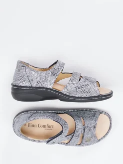 Damen Finn Comfort – Komfortsandale aus geprägtem Leder silbergrau