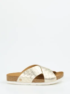 Damen Haflinger – Pantolette aus Metallicleder Champagner