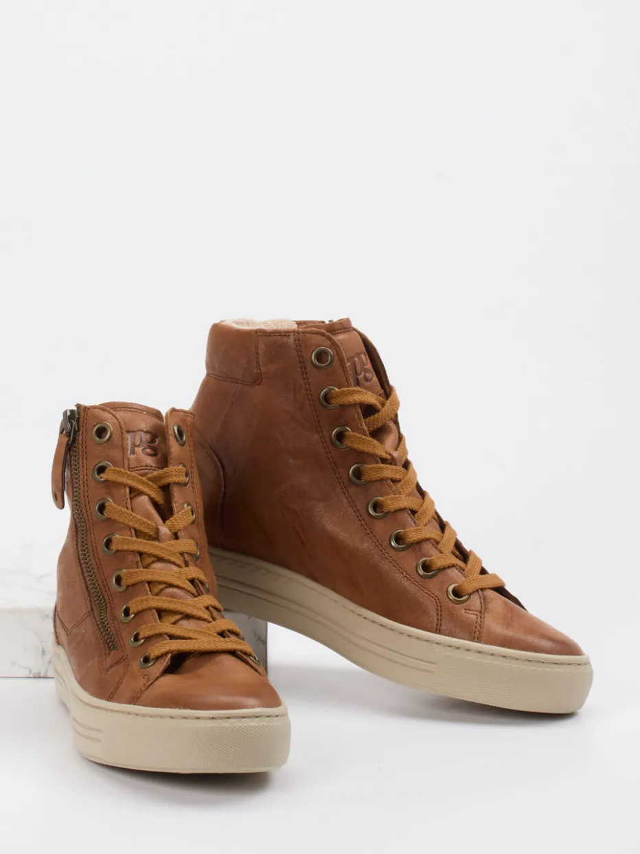 Damen Paul Green – High-Top Sneaker aus Kalbleder cognac