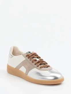 Damen Santoni – Sneaker aus Velours- und Metallicleder Off-White