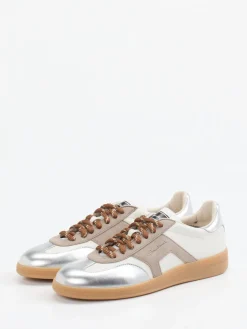 Damen Santoni – Sneaker aus Velours- und Metallicleder Off-White