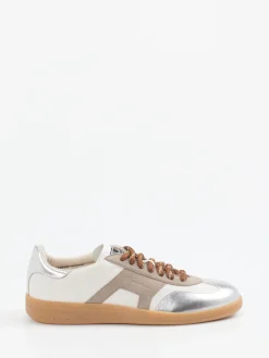 Damen Santoni – Sneaker aus Velours- und Metallicleder Off-White