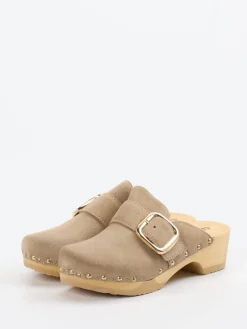 Damen Softclox – Clogs aus Veloursleder mit Holzsohle
