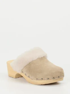 Damen Softclox – Clogs aus Veloursleder mit Lammfellrand