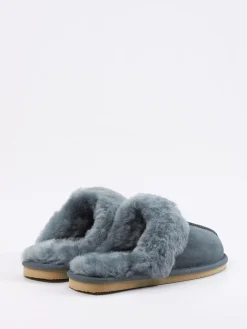 Damen Thies – Lammfell-Pantoffel aus Veloursleder blaugrau