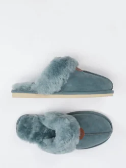 Damen Thies – Lammfell-Pantoffel aus Veloursleder blaugrau