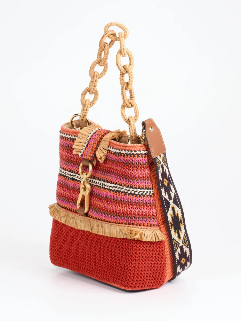 Damen Viamailbag – Bucket Bag aus Baumwolle mit Raffia-Details